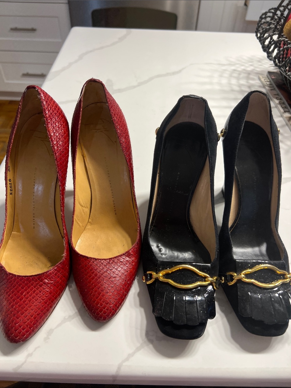 2 pairs of Giuseppe zanotti shoes one pair red  python and blck velvet patent